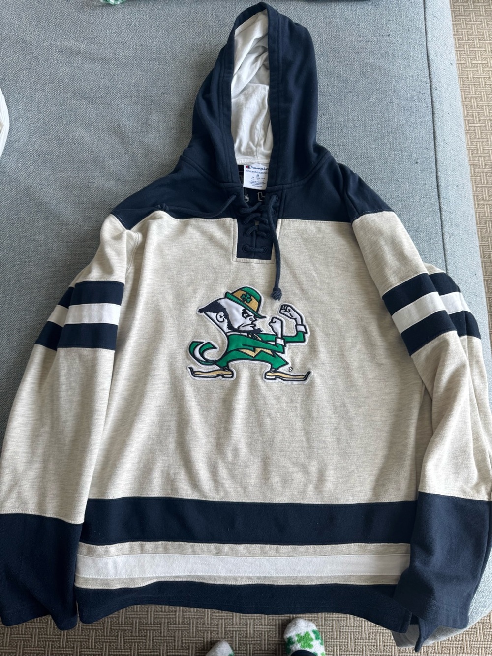 Champion Lace-Up Hoodie in Navy and Cream